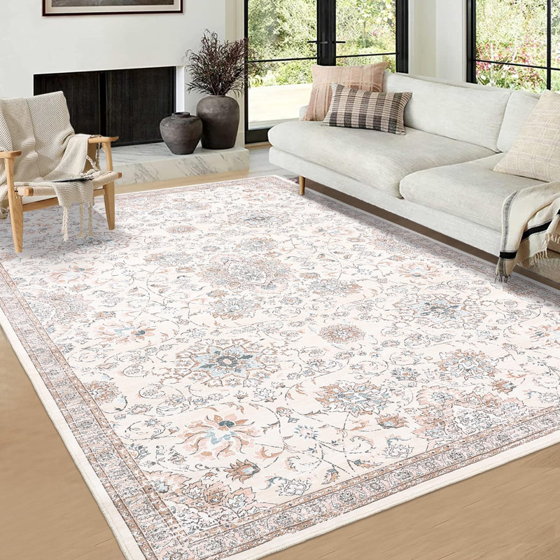 Living Room Rug, Area Rugs for Bedroom, Non Slip & NonShedding Vintage Floral Print Carpet, Low Pile Lightweight Foldable Floor Mats for Dining Room, Nursery, Home Office