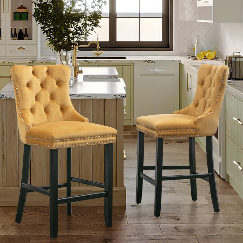 Upholstered Counter Stool with Solid Wood Frame, Black, Black
