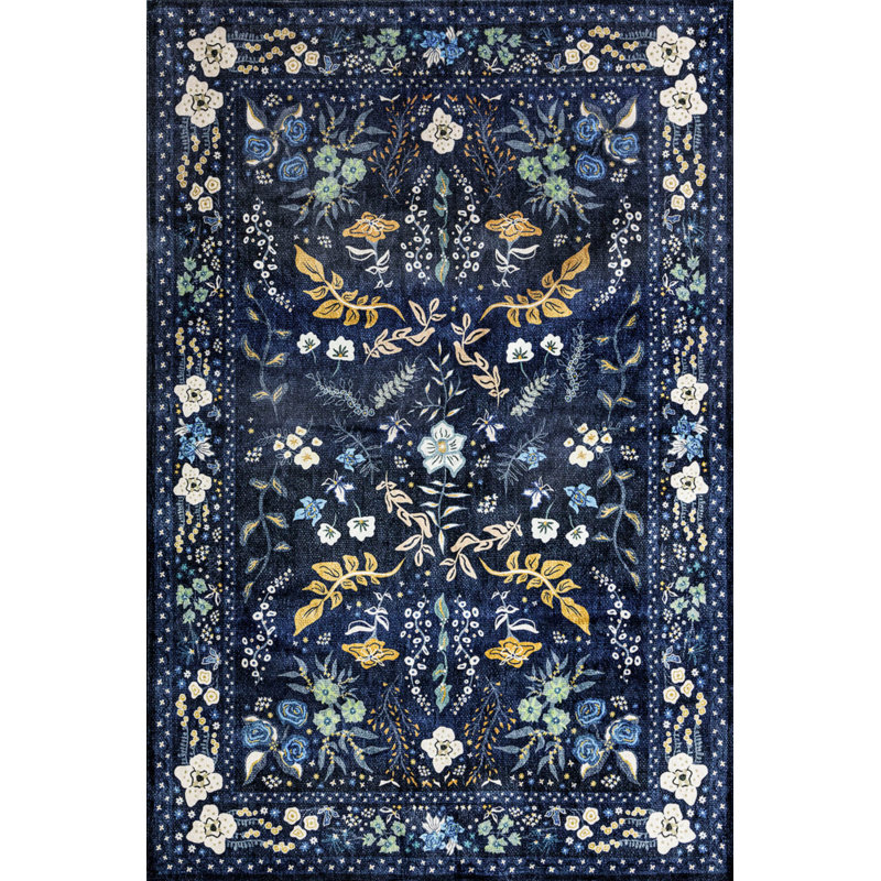 Tapis décoratif bleu marine en polyester tissé à la machine, Rectangle 5 pi 3 po x 7 pi 7 po