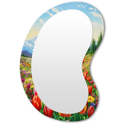 Nirpal Colorful Tulips On Mountain Landscape I - Tulips Irregular Shape Large Mirror, Traditional Asymmetrical Unique Wall Mirror Decor, Printed Metal Art