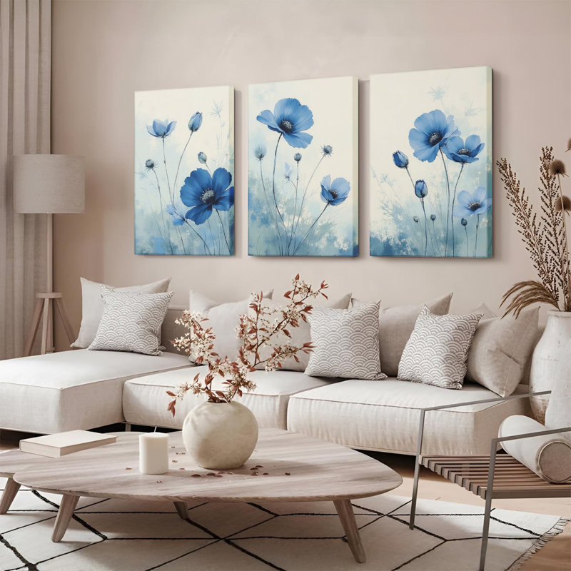 Tableau mural sur toile à motif floral de coquelicots bleus (paquet de 3), H 36 po x l 72 po