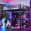 Lit mezzanine double en métal avec bureau en forme de L, ports USB et lumières de jeu en forme de Z, parfait pour les petits espaces et l'esthétique moderne