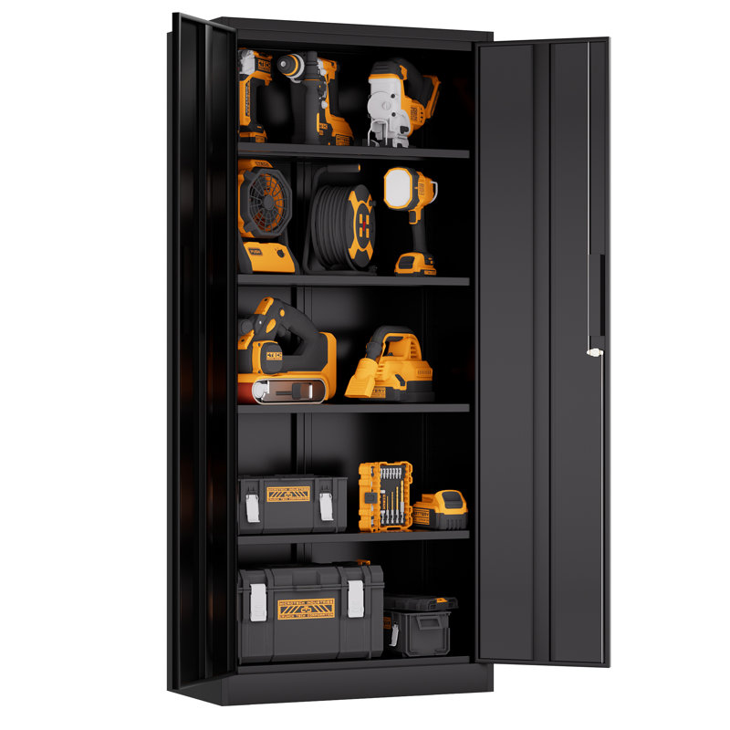 Armoire de rangement en métal 72 po H, armoire verrouillable en acier à outils noir avec portes et 4 tablettes, grands classeurs pour systèmes de rangement de garage, classeur verrouillable pour bureau personnel, salle de classe / garde-manger