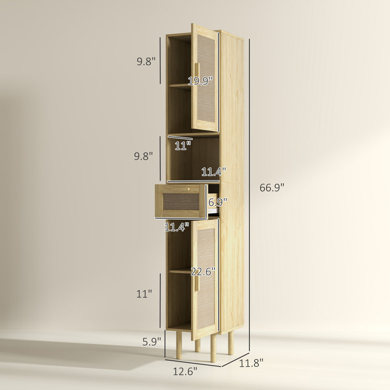 Armoire de salle de bain haute avec portes en rotin, armoire de rangement autoportante avec tablettes réglables, chêne vieilli