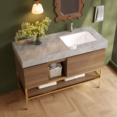 Meuble-lavabo de salle de bain moderne du milieu du siècle de 122 cm (48 po) en bois avec lavabo simple, comptoir en pierre frittée grise, meubles-lavabos en bois brun pour salle de bain