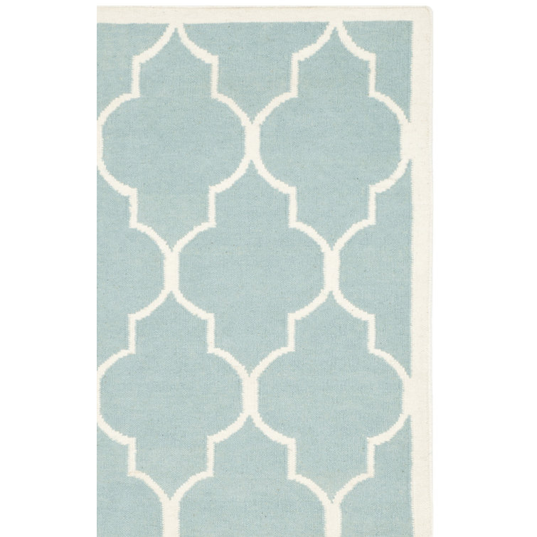 Rodgers Hand Woven Flat Weave Wool/Cotton Geometric Rug in Light Blue/Ivory
