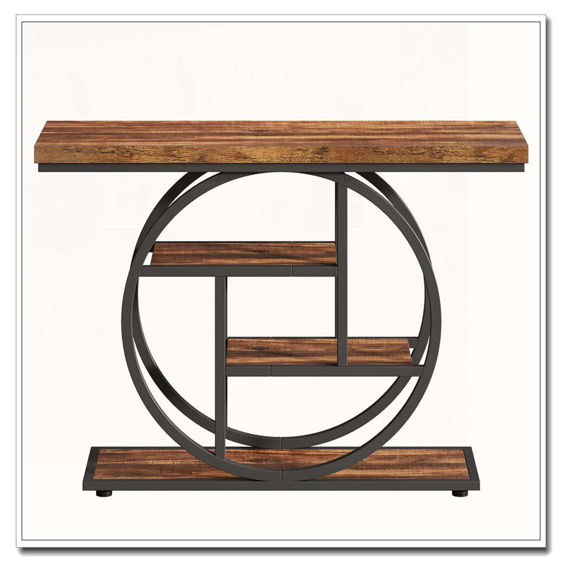 Industrial Four-Tier Console Table with Circle Metal Frame Storage Shelves, Rustic Brown