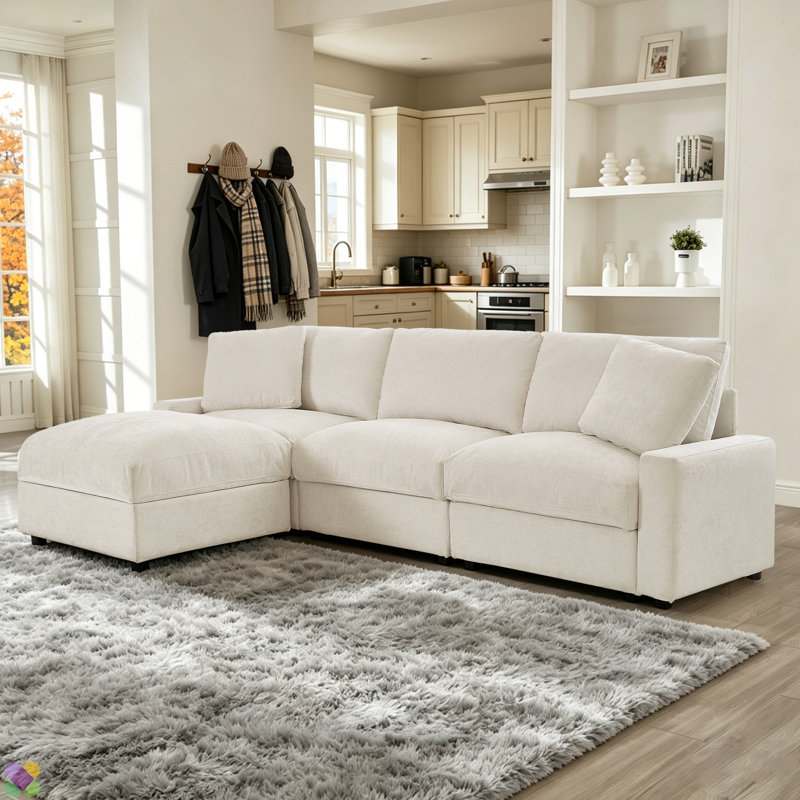Canapé modulaire en L de 104 po avec rangement sous tous les sièges, Beige