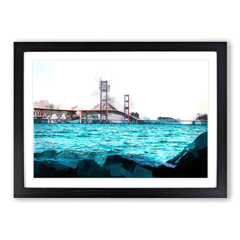Mackinac Bridge in Michigan in Abstract - Picture Frame Graphic Art Print, 50cm H x 76cm W x 2cm D, Black