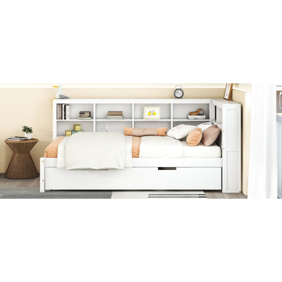 Lit de jour simple avec lit gigogne, tablette de rangement et charge, blanc, bois de pin, matelas de 6 po, 7 lattes de lit gigogne, fonction élégante de charge blanche, tablette double couche, cadre, capacité de charge de 10 livres, capacité de 350 lb