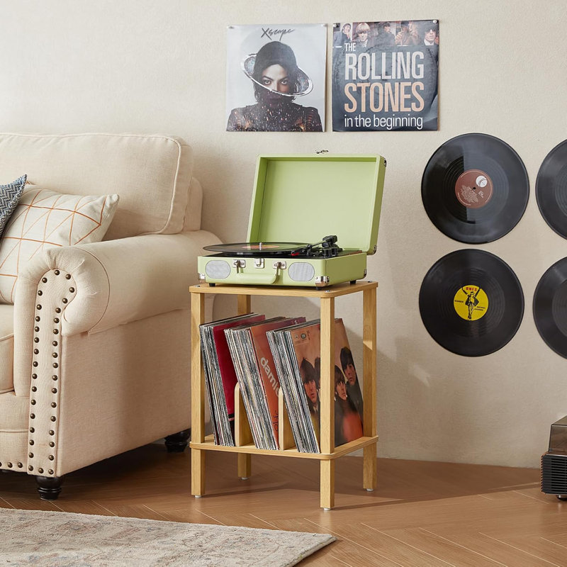 Bamboo Record Player Stand With 2-Tier Vinyl Storage For Up To 100 Albums, Multi-Functional Display Shelf And End Table For Living Room Or Bedroom