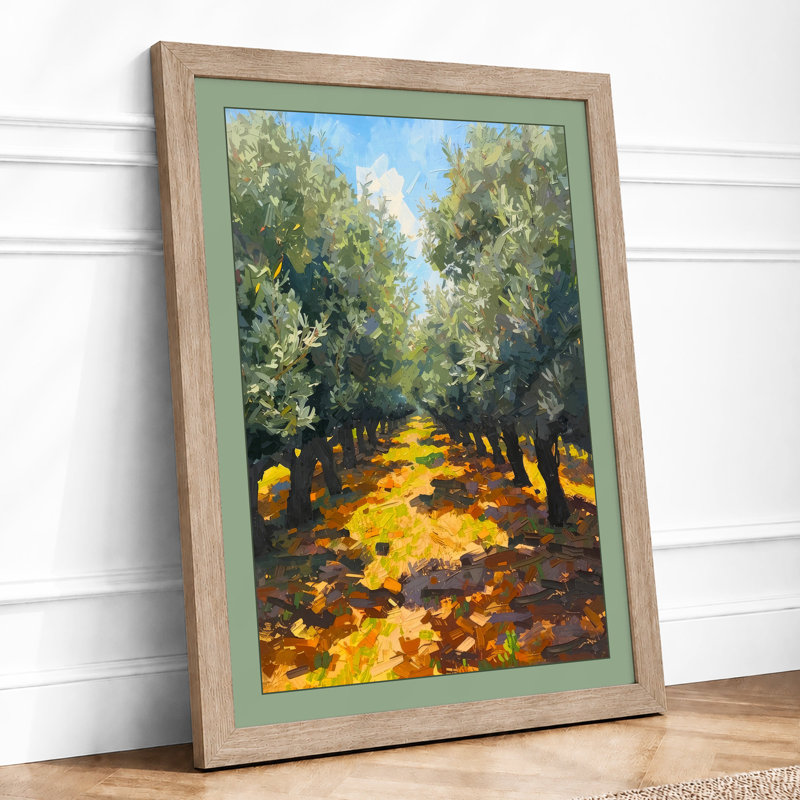 Olive Harvest Path Rustic - Framed Print, A2 - 59.4 x 42.0 cm, Oak