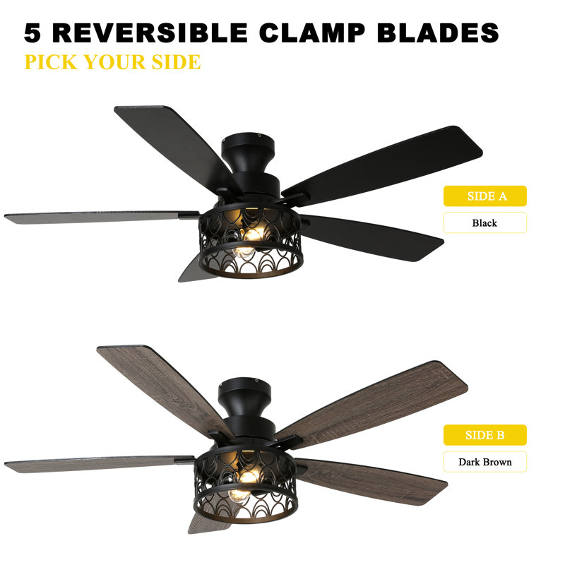 Ventilateur de plafond encastré noir 52 po avec lumière et télécommande, réversible à 6 vitesses pour le salon