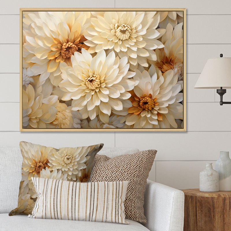 Minimalisme des mamans, peinture sur toile beige et dorée sur toile, Cadre flottant blanc, H 16 po x l 32 po x P 1 po