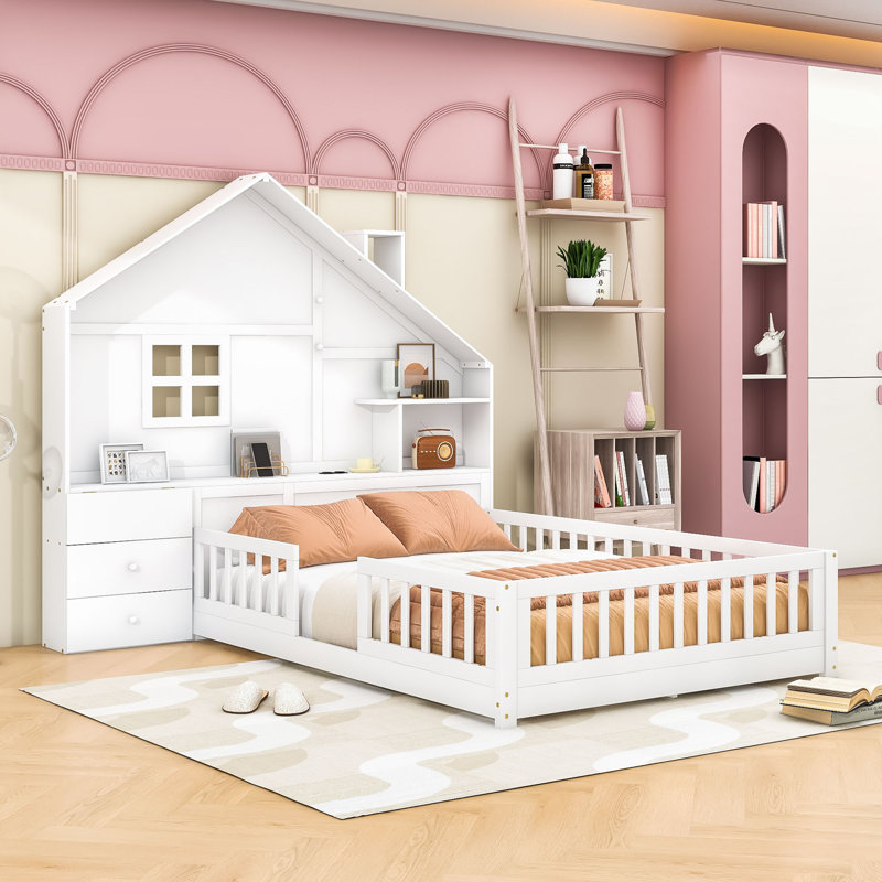 Lit maison avec 2 tiroirs, tablettes, prises et port USB, Double
