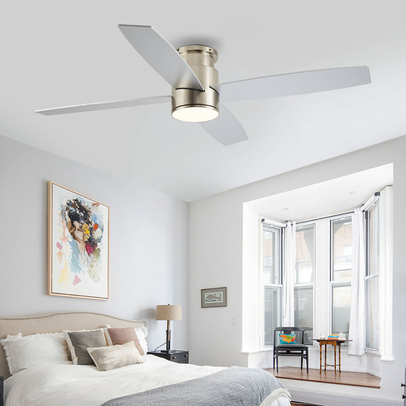 Bonnitta 4-Blade LED Metal and Wood Flush Mount Ceiling Fan, Silver, Nickel, 44"