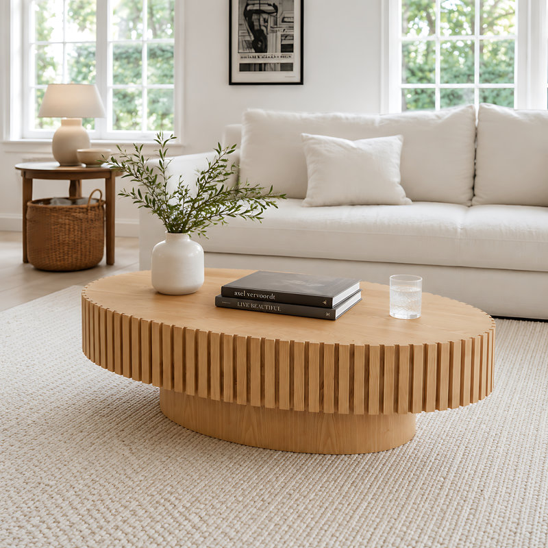 Table basse cannelée avec pied central, Bois de frêne naturel