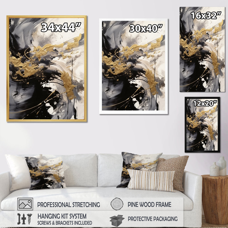 «Lewisville Gold and Gray Fluid Fusion IV», reproduction d'art sur toile abstraite, Cadre flottant doré