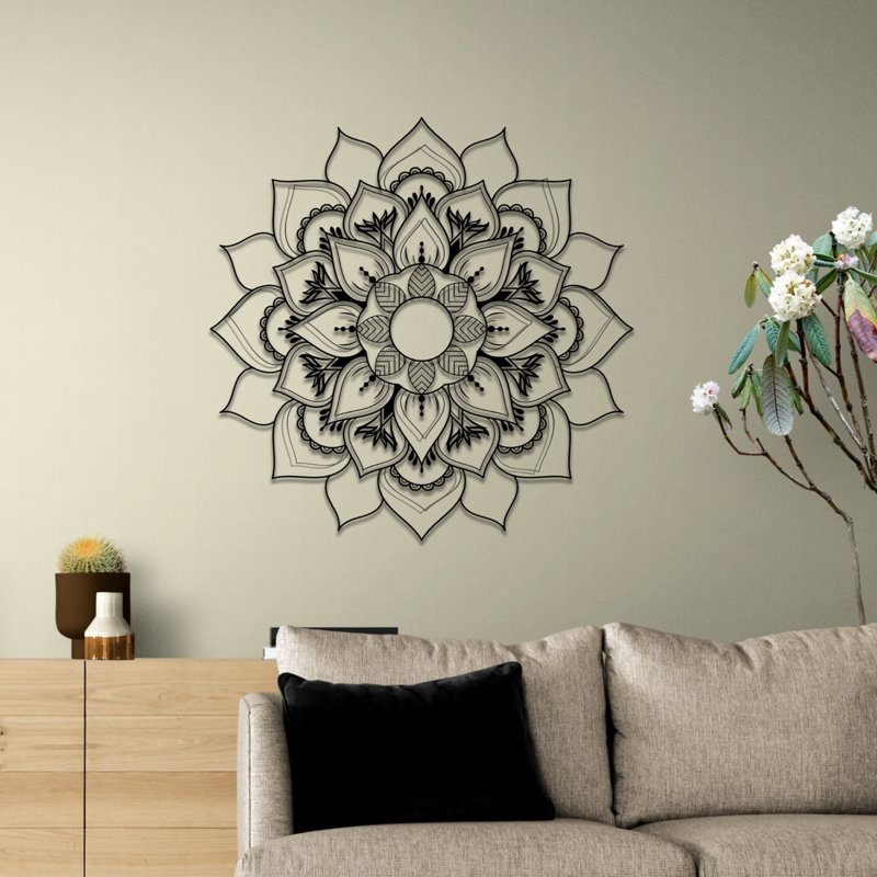 Metal Mandala Abstract Wall Hanging Decor, Creative Floral Metal Wall Art Home Decoration, Matte Black