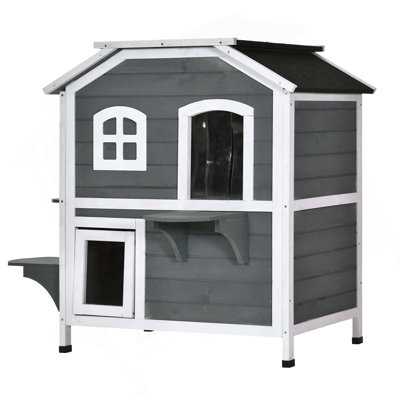 Abri pour chat en bois pour l'extérieur - 2 étages avec protection contre les prédateurs pour les chats, maison grise à 2 étages, porte de refuge, toit ouvrant et plateformes de saut