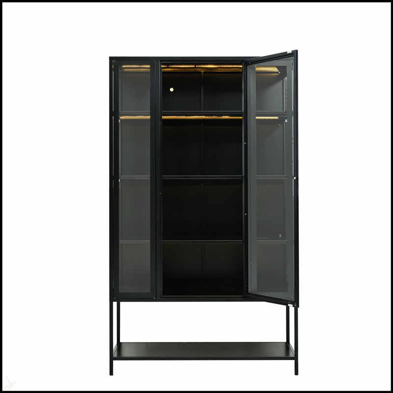 Vitrine moderne en verre à trois côtés avec éclairage DEL et tablettes réglables, parfaite pour mettre en valeur des objets de collection et des objets décoratifs
