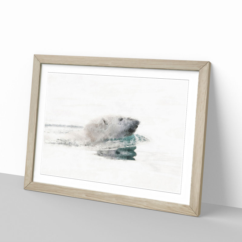 Polar Bear Swimming - Single Picture Frame Painting on MDF, Oak, 33cm H x 45cm W x 2cm D