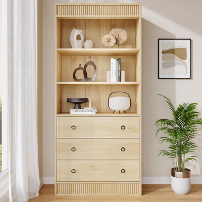 Bibliothèque cannelée 70,8 "en bois clair avec bibliothèque à 6 niveaux avec rangement, grande bibliothèque avec design ondulé, armoire de rangement pour le bureau