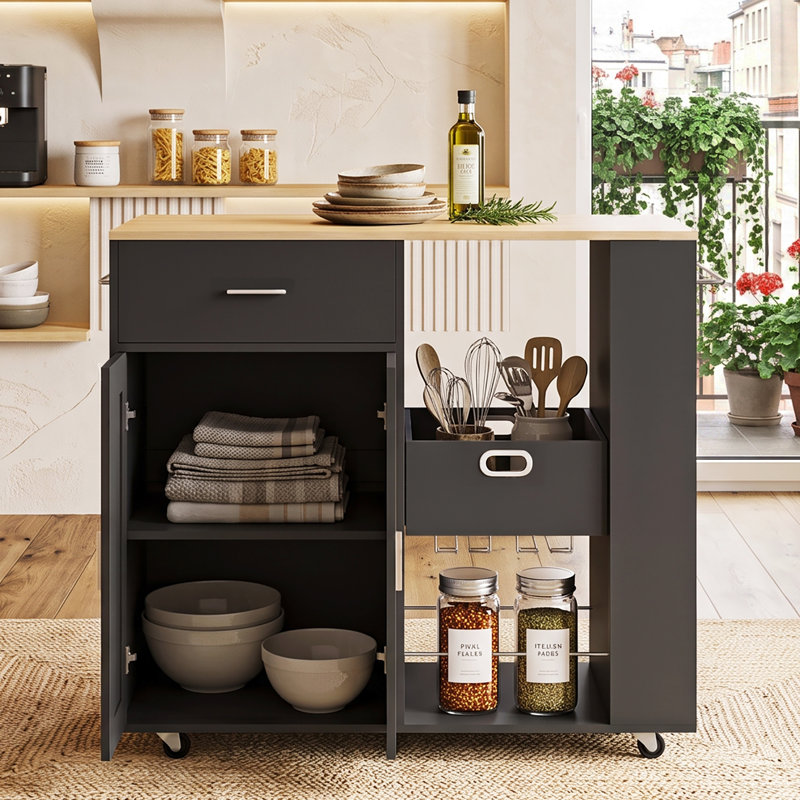 Rolling Kitchen Island Carts 102 cm W Kitchen Island with, Black