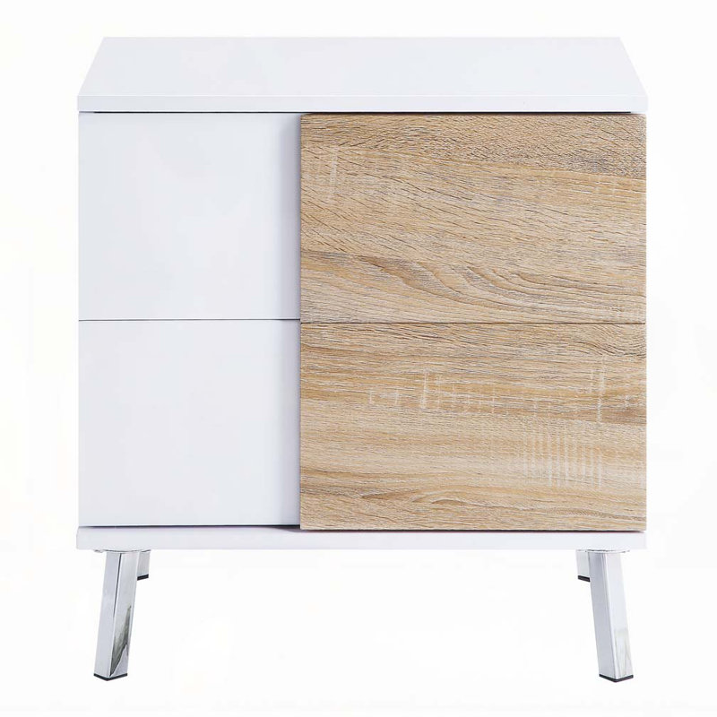 Table de bout blanche brillante et naturelle avec 2 tiroirs