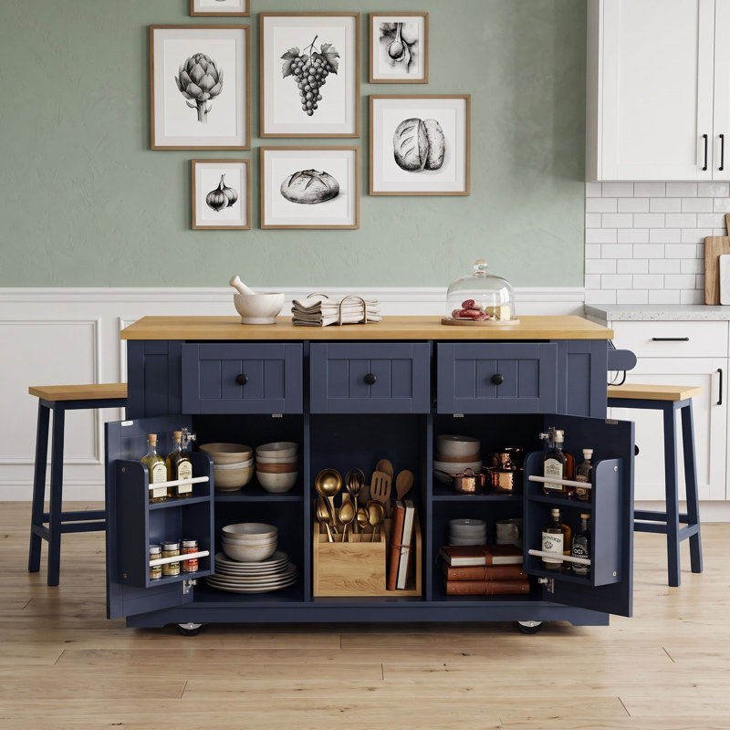 Ensemble d'îlot de cuisine 3 pièces avec 2 tabourets, abattant, station de charge intégrée, tablettes réglables et roues verrouillables