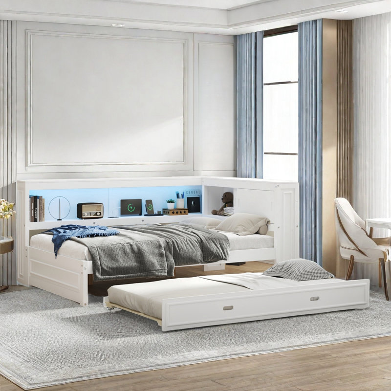 Wooden Daybed With Storage Shelves, Charging Station, Led And Trundle, White