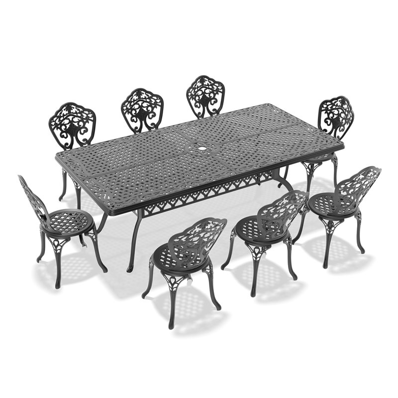 Ensemble 9 pièces de mobilier de salle à manger en aluminium coulé résistant aux intempéries avec cadre noir