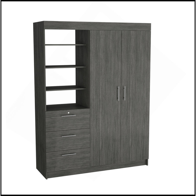 Armoire 3 tiroirs Kenya, double porte, 3 tablettes en chêne fumé