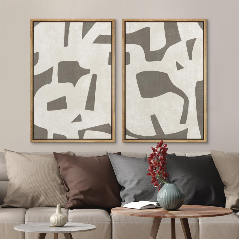 Ensemble de 2 pièces de style Mid-Century verdâtre brun clair à motif abstrait, simple et minimaliste, art moderne encadré sur toile