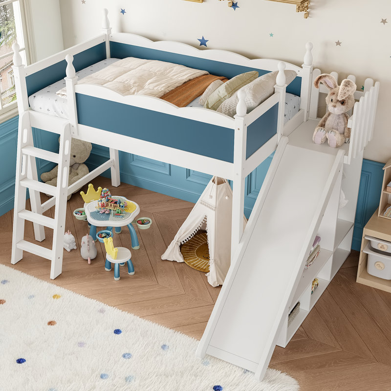 Twin Solid Wood Loft Bed with Storage, Wardrobe, Detachable Slide & Ladder, Blue + White, Twin, Blue/White