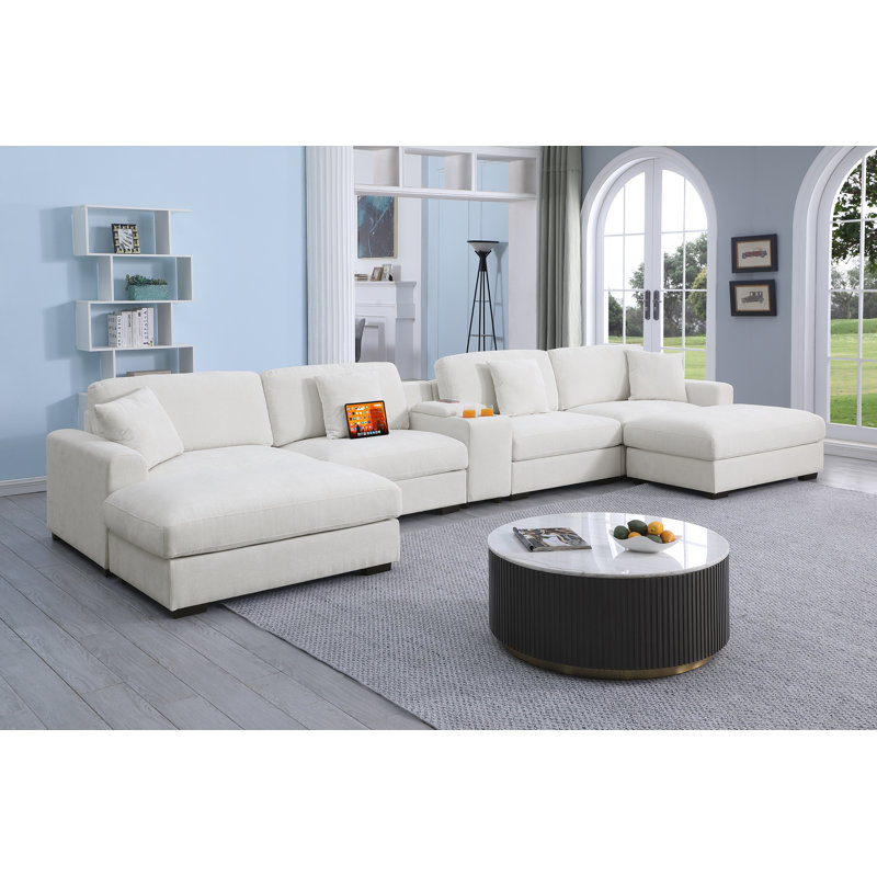 7 Piece Upholstered U-shape Sectional with Cup Holders & Charging & Storage, White Polyester