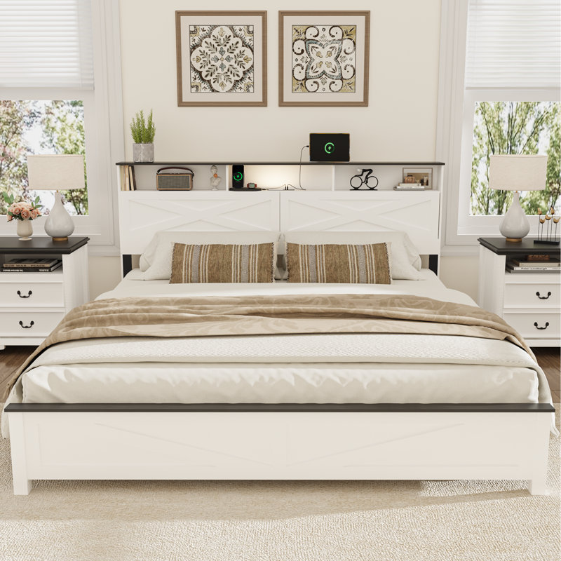 Farmhouse Bed Frame Queen Size With Hidden Space Bookcase Headboard, Wooden Queen Bed Frame With Charging Station And LED Lights