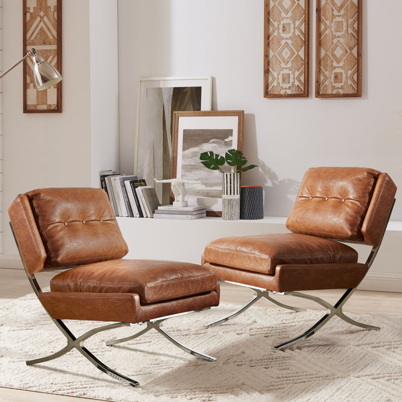 Adewunmi 26.38'' W Button Tufted Faux Leather Upholstered Armless Accent Lounge Chair (Set of 2), Cognac Faux Leather