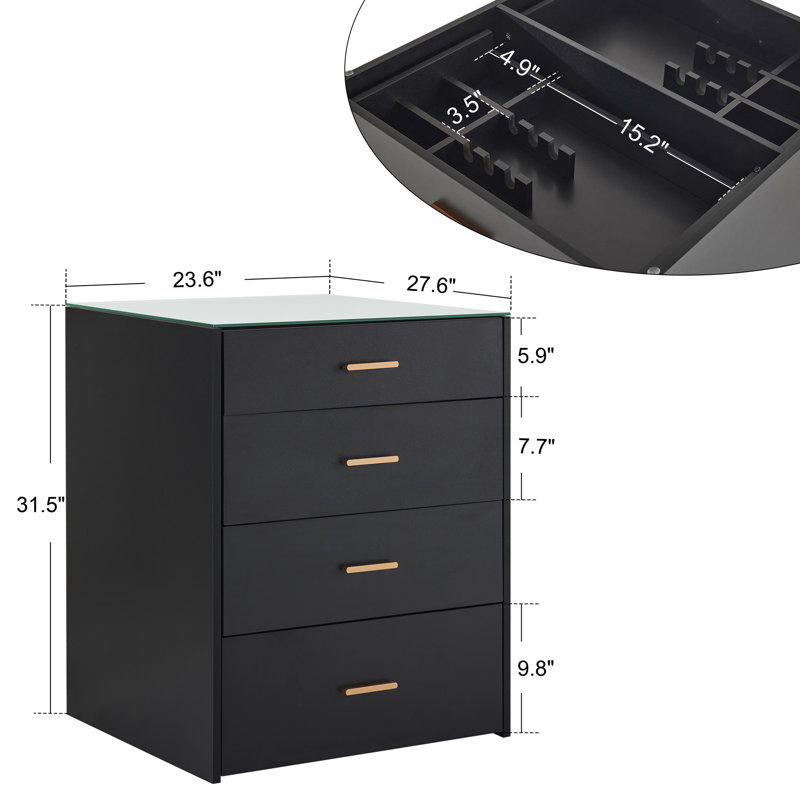 Black Double-Sided Cabinet with Gold Handles and Glass Top