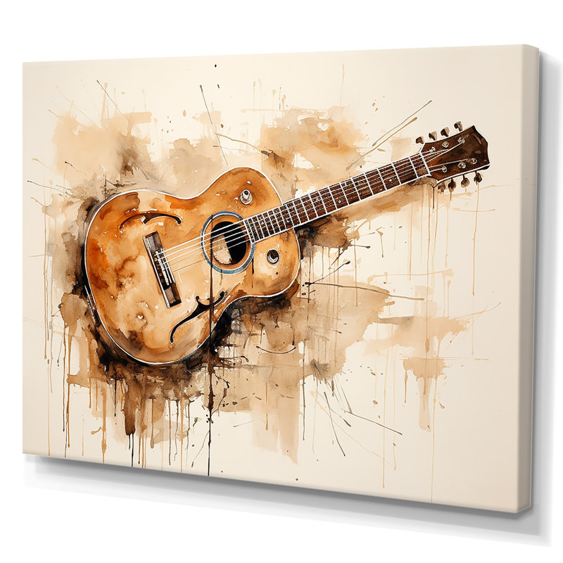 Guitare, simplicité, terreux brun II - musique, art mural, Toile tendue, H 24 po x l 32 po x P 1 po