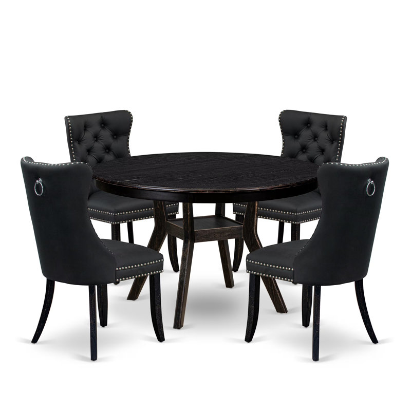 Ensemble de table de salle à manger 5 pièces avec similicuir 4 chaises de salle à manger gris foncé, dossier capitonné et une table ronde de 48 po au fini noir sablé.