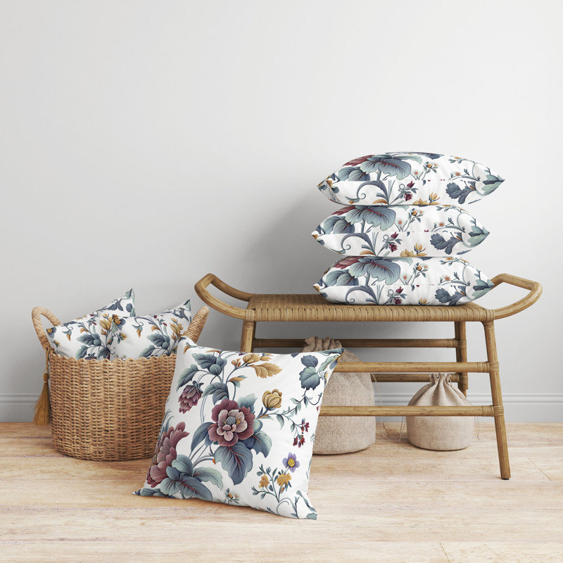 Coussin Orchit, Bleu / brun / floral blanc, H 16 po x l 16 po