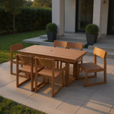 6 - Seater Outdoor Dining , Weather Table With Umbrella Hole And Armless Chairs, Matte Brown For Deck 7 Piece 6, Garden Furniture Backyard
