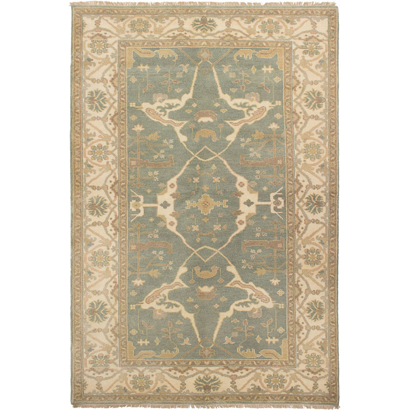 Tapis unique en laine noué à la main style Oushak des années 2010 de 6 pi x 9 pi 4 po gris / beige Ammerman