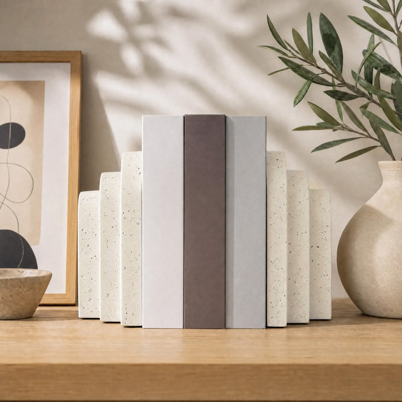 Serre-livres en imitation travertin (lot de 2), supports de livres arqués en résine pour étagères, bureaux et décoration de bureau à domicile