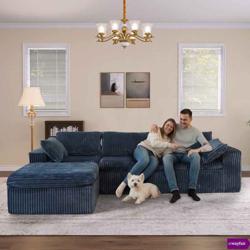 Vivianna 118.2 "W Fully Compressed Cloud Sofa With One Ottoman, Corduroy Fabric, Deep-Seat Style, Removable Cushions, No Assembly Required