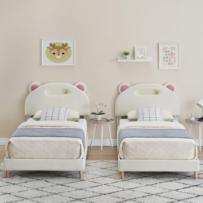 Twin Bed Frame Upholstered Platform with LED Lights and Headboard, Strong Wooden Slats Support, No Box Spring Needed/Noise-Free/Easy Assembly, Beige (2 Pack)