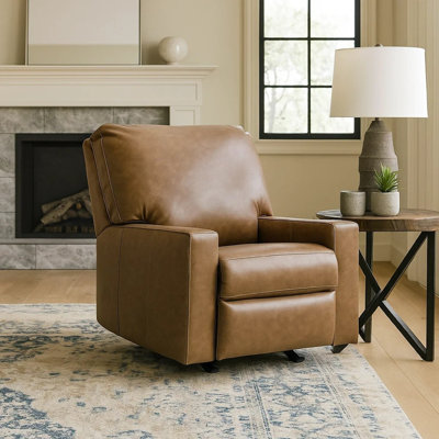 Fauteuil inclinable manuel à tirette Miller, cuir véritable brun caramel