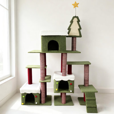 Arbre à chat, tour de chat d'intérieur à thème de Noël, terrain de jeu d'escalade à plusieurs niveaux avec poteaux à griffer en sisal et cachettes douillettes, centre d'activités festives pour chatons et chats adultes