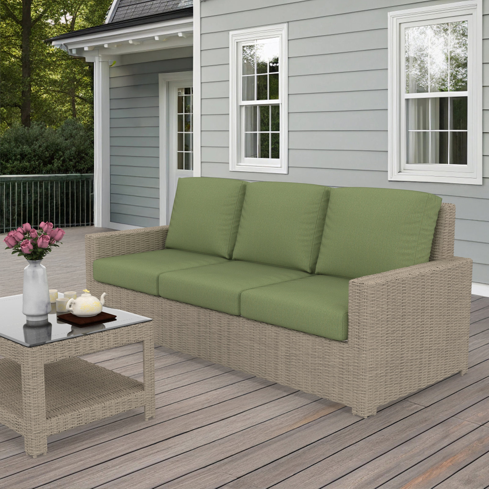 Henri 3 Seat Sofa With Sunbrella Cushions, Canvas Fern